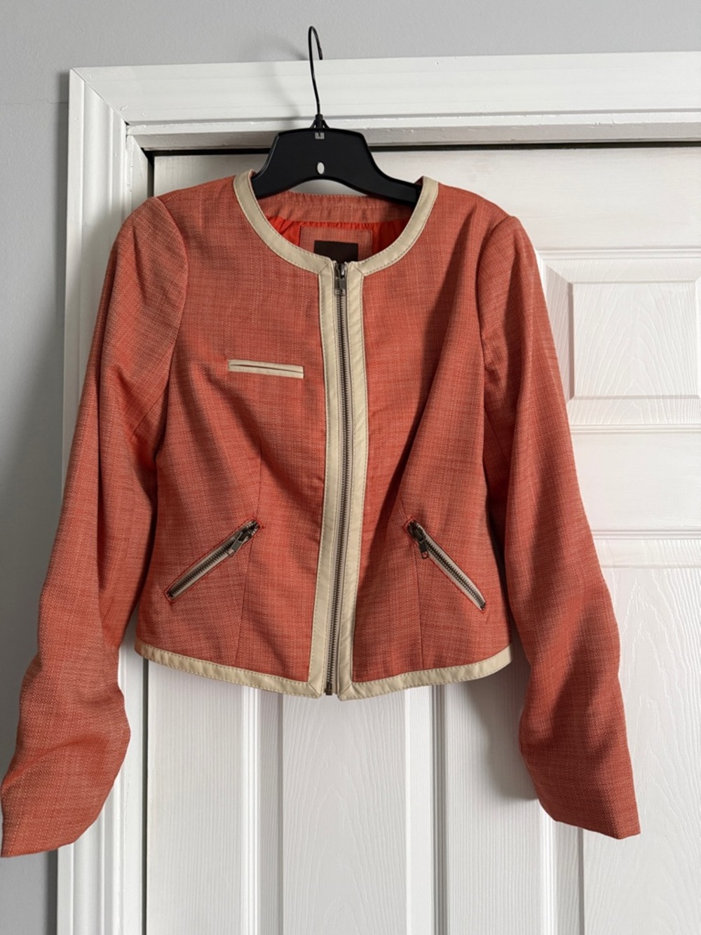 The Limited Coral Tweed Zip-Front Blazer with Cream Trim